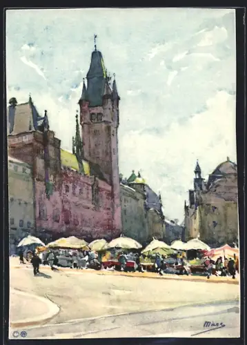 Künstler-AK Basel, Blick zum Rathaus, Marktstände