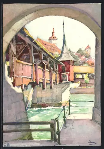 Künstler-AK Luzern, Blick auf die gedeckte Spreuerbrücke