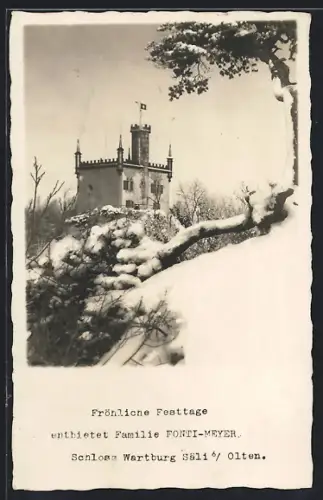 Foto-AK Olten, Schloss Wartburg-Säli im Winter, Inhaber Fonti-Meyer