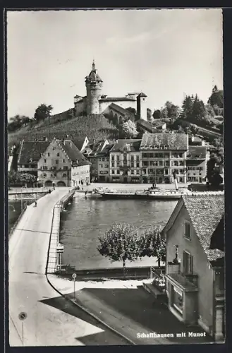 AK Schaffhausen, Ortsansicht mit Festung Munot, Raddampfer Schaffhausen