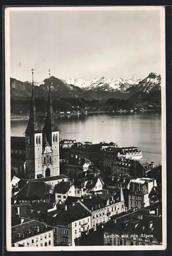 AK Luzern, Ortsansicht aus der Vogelschau mit Alpenpanorama