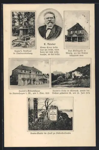 AK Stavenhagen, Porträt F. Reuter, Reuter`s Geburtshaus, Reuters Villa in Eisenach, Reuter`s Denkmal