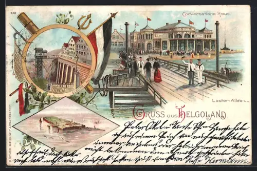 Lithographie Helgoland, Lästerallee mit Leuten & Conversationshaus, Elektr. Aufzug