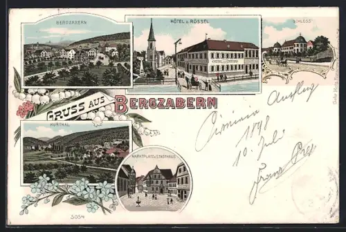 Lithographie Bergzabern, Hotel z. Rössel, Schloss, Marktplatz mit Rathaus