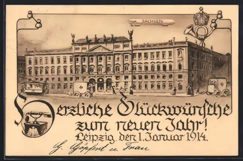 AK Leipzig, Postdirektion mit Zeppelin