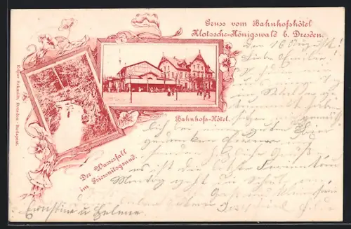 Lithographie Klotzsche-Königswald b. Dresden, Bahnhofshotel, Wasserfall im Königswald