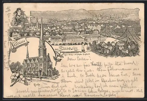 Lithographie Dresden-Blasewitz, Gesamtansicht, Kirche