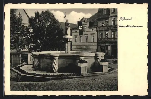 AK Pössneck, Marktbrunnen, Drogerie Paul Oswald, 