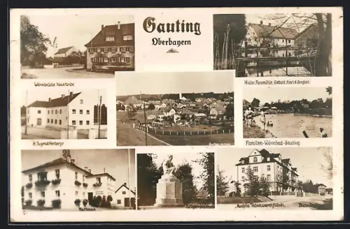 AK Gauting /Oberbayern, Rathaus, Familien-Warmbad, Tabakwarenfabrik