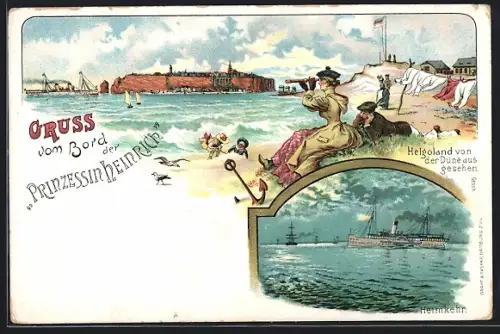 Lithographie Helgoland, Ansicht von der Düne, Dampfer Prinzessin Heinrich