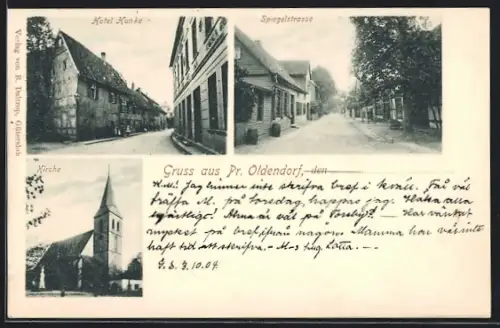 AK Pr. Oldendorf, Hotel Funke, Spiegelstrasse, Kirche