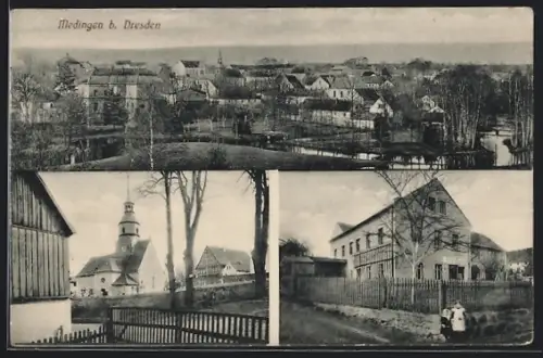 AK Medingen b. Dresden, Ortsansicht, Kirche, Schule