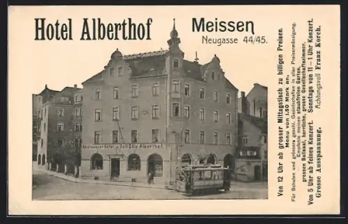 AK Meissen / Elbe, Hotel Alberthof, Neugasse 44/45, Strassenbahn