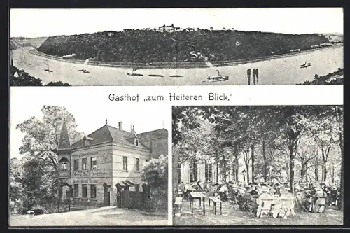 AK Pirna, Gasthof zum Heiteren Blick, Aussenansicht, Gartenwirtschaft, Elbblick