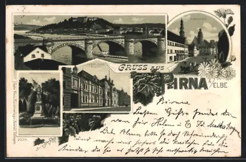 Lithographie Pirna /Elbe, Elbbrücke, Marktplatz, Kaiserliches Postamt