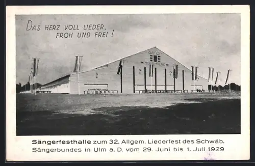 AK Ulm / Donau, 32. Allgem. Liederfest des Schwäb. Sängerbundes 1929, Sängerfesthalle mit Banner