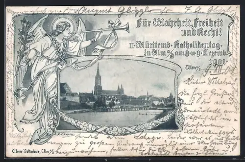 AK Ulm / Donau, II. Württemb. Katholikentag 1901, Engel mit Posaune, Teilansicht mit Münster und Fluss