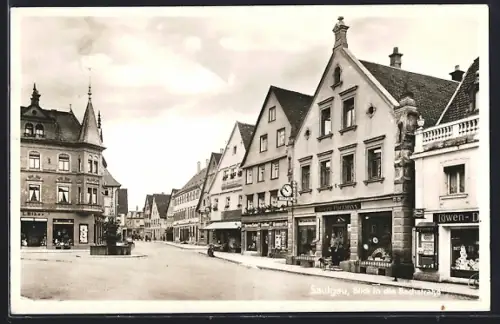 AK Saulgau, Blick in die Bachstrasse, Geschäft Joseph Hollmann