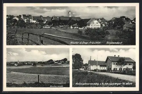 AK Buchendorf / Gauting, Kolonialwarenhandlung Schneeberger, Kloster der Englischen Fräulein, Dorfansicht