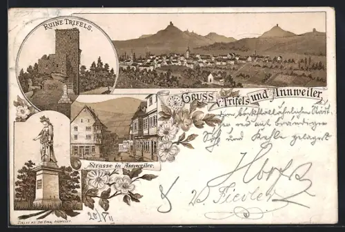 Lithographie Annweiler, Ruine Trifels, Strasse und Denkmal