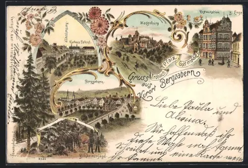 Lithographie Bergzabern, Kurhaus Behret an der Kurthalstrasse, Restaurant z. Enge, Madenburg, Ortsansicht