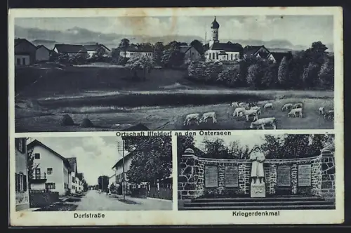 AK Iffeldorf an den Osterseen, Kriegerdenkmal, Strassenpartie, Ortsansicht vom Feld aus