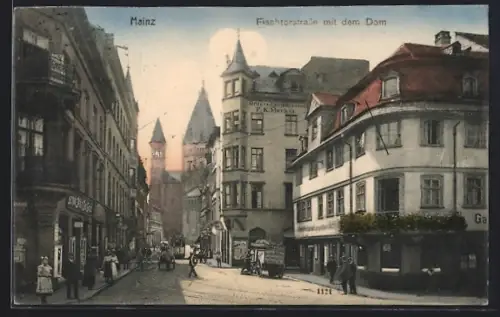 AK Mainz, Fischtorstrasse mit dem Dom, Feinbäckerei von F. K. Merkel, Wein-Restaurant