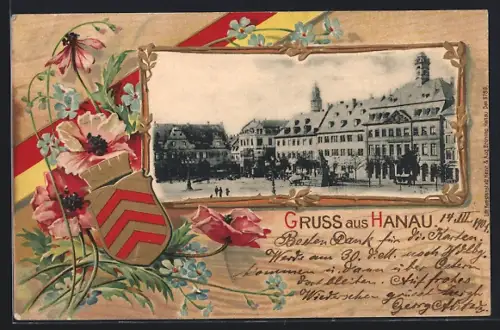 Passepartout-Lithographie Hanau, Marktplatz mit Denkmal und Wappen