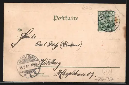 Passepartout-Lithographie Hanau, Marktplatz mit Denkmal und Wappen