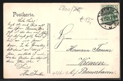 AK Bremen, Herdenthor, Zigarren-Fabrik von J. H. Hager, Blumenhalle Borcherding & Sohn, Strassenbahn