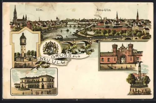 Lithographie Neu-Ulm, Ortsansicht mit Ulm, Denkmal, Tor