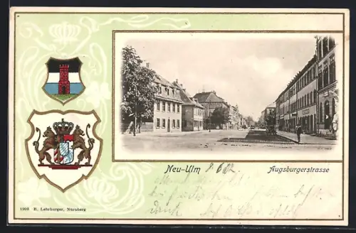 Passepartout-Lithographie Neu-Ulm, Ausblick in die Augsburgerstrasse & Wappen