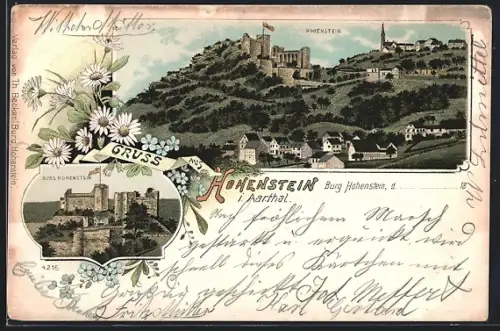 Lithographie Hohenstein / Aartal, Panorama mit Burg Hohenstein, Gasthof z. Burg Hohenstein a. Bahnhof