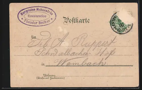 Lithographie Hohenstein / Aartal, Panorama mit Burg Hohenstein, Gasthof z. Burg Hohenstein a. Bahnhof