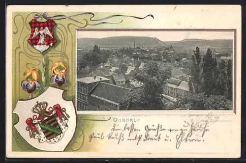 Passepartout-Lithographie Ohrdruf, Blick vom Schlossturm, Wappen und Schwertlilie