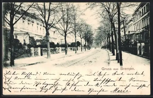 AK Bremen, Schleifmühle, Strassenpartie mit Bäumen