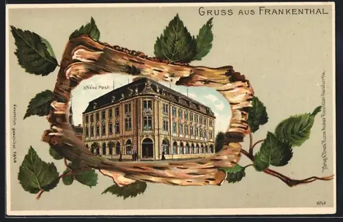 Passepartout-Lithographie Frankenthal / Pfalz, Neue Post, Lindenblätter
