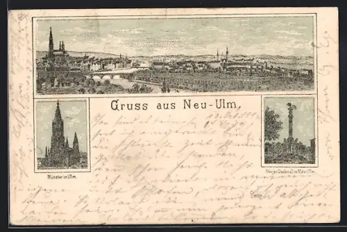 Lithographie Neu-Ulm, Münster, Krieger-Denkmal, Ortspanorama mit Fluss