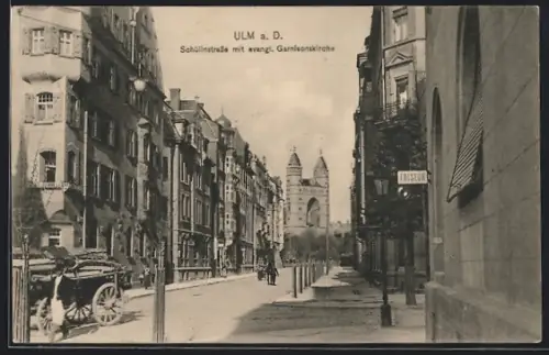 AK Ulm a.D., Schülinstrasse mit evangl. Garnisonskirche
