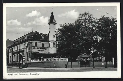 AK Berlin-Charlottenburg, Hotel und Restaurant Schloss-Park, Joseph Appel, Luisenplatz 1, Litfasssäule