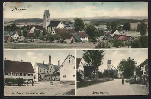 AK Arnach, Gasthof u. Brauerei z. Adler, Strassenpartie, Blick zur Kirche