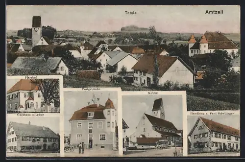 AK Amtzell, Totalansicht, Parrhof, Kirche, Postgebäude, Gasthaus z. Adler