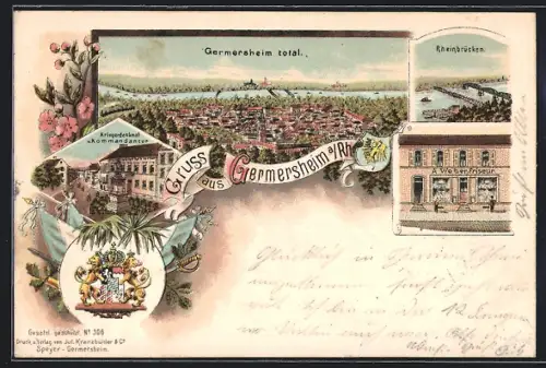 Lithographie Germersheim /Rhein, Kriegerdenkmal und Kommandatur, Rheinbrücken, Friseur A. Weber