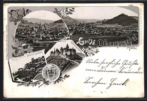 Lithographie Obermoschel, Totalansicht, Burgruine Landsberg, Muschel Landsberg