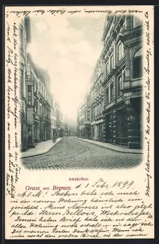 AK Bremen, Strasse Schüsselkorb mit Geschäften