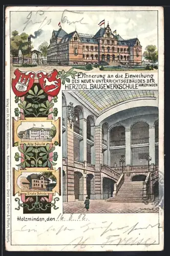 Lithographie Holzminden, Einweihung des neuen Unterrichtsgebäudes der Herzogl. Baugewerkschule 1902