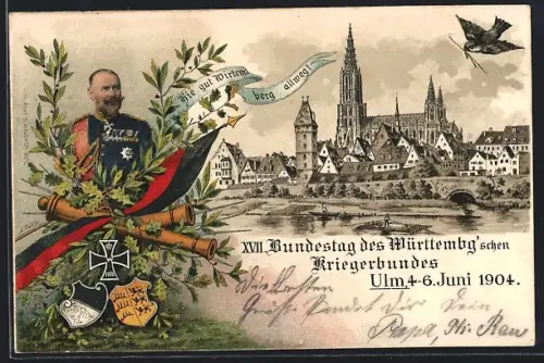 Lithographie Ulm / Donau, XVII. Bundestag des Württembg`schen Kriegerbundes 1904, Wappen
