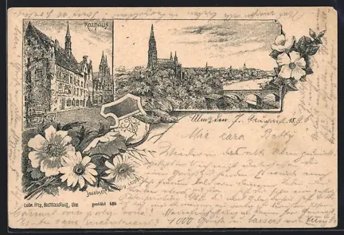 Lithographie Ulm / Donau, Rathaus, Flusspartie mit Brücke