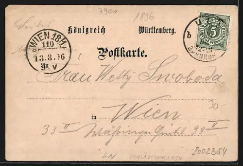 Lithographie Ulm / Donau, Rathaus, Flusspartie mit Brücke