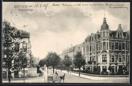 AK Bremen, Parkstrasse mit Pferdekutsche